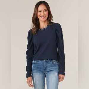 Democracy NWT Long Puff Sleeve Scoop Neck Rhinestone Detail Knit Top Size 1X